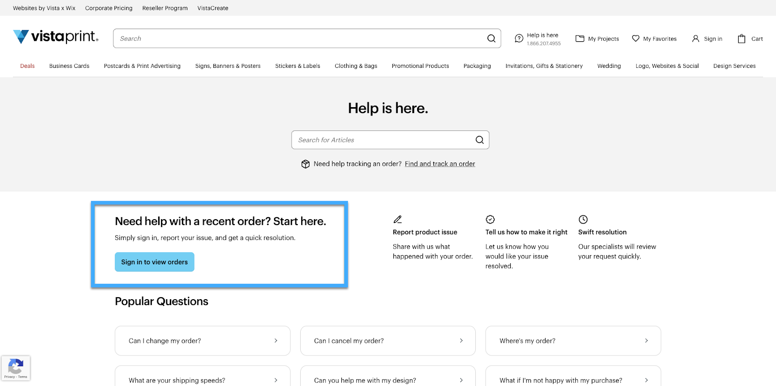The VistaPrint help centre with the option ‘Need help with a recent order? Start here’ highlighted